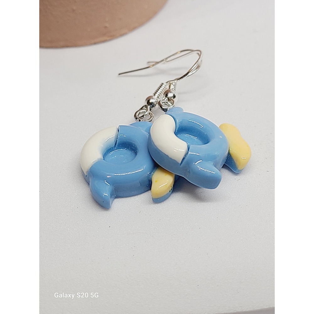 Blue Dolphin Life Ring Resin Drop Earrings Silver Tone Hooks Ocean Theme Kawaii - Picture 5 of 7